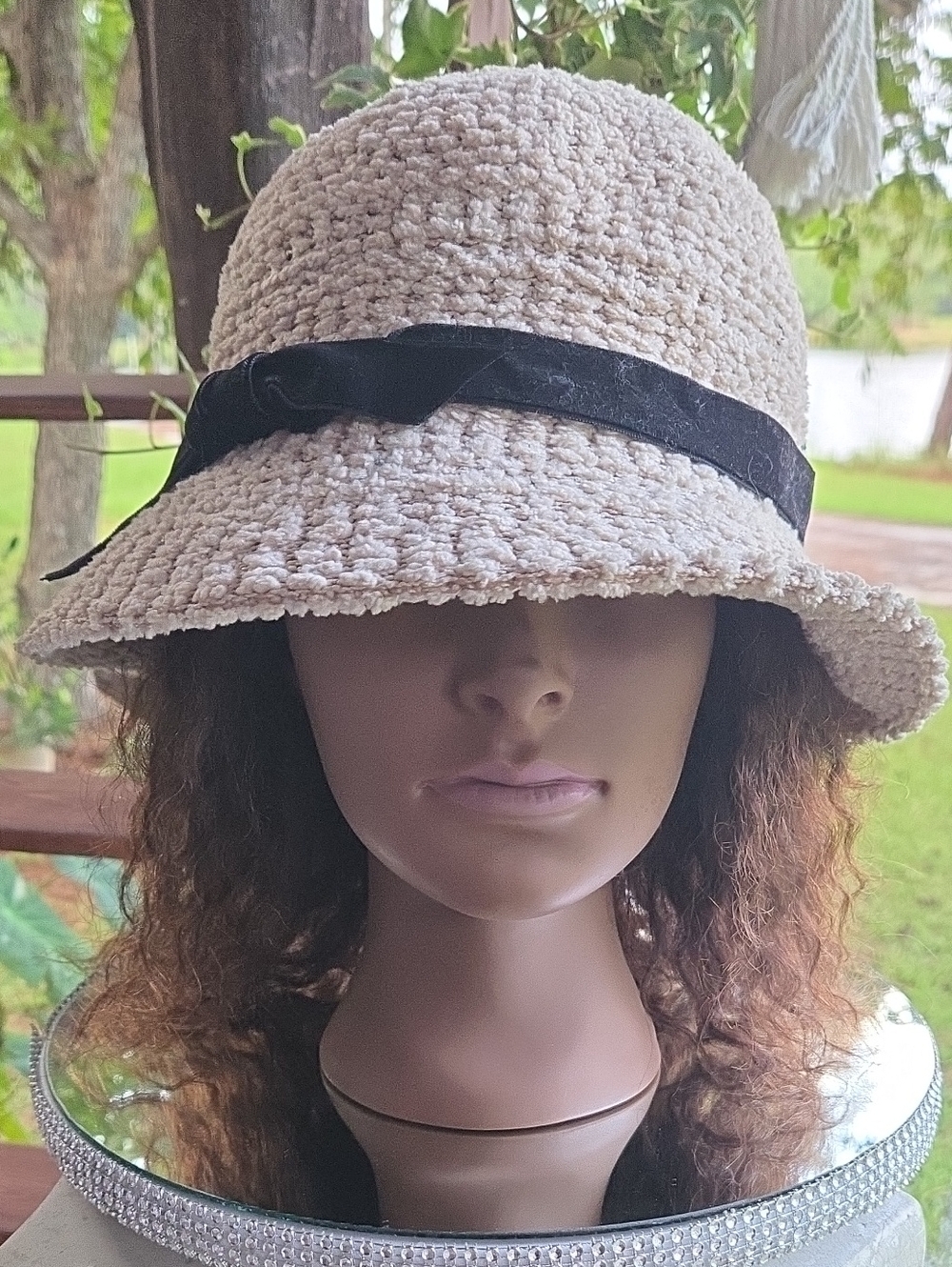 INC International Concepts Chenille Knit Beige Hat With Velvet Ribbon